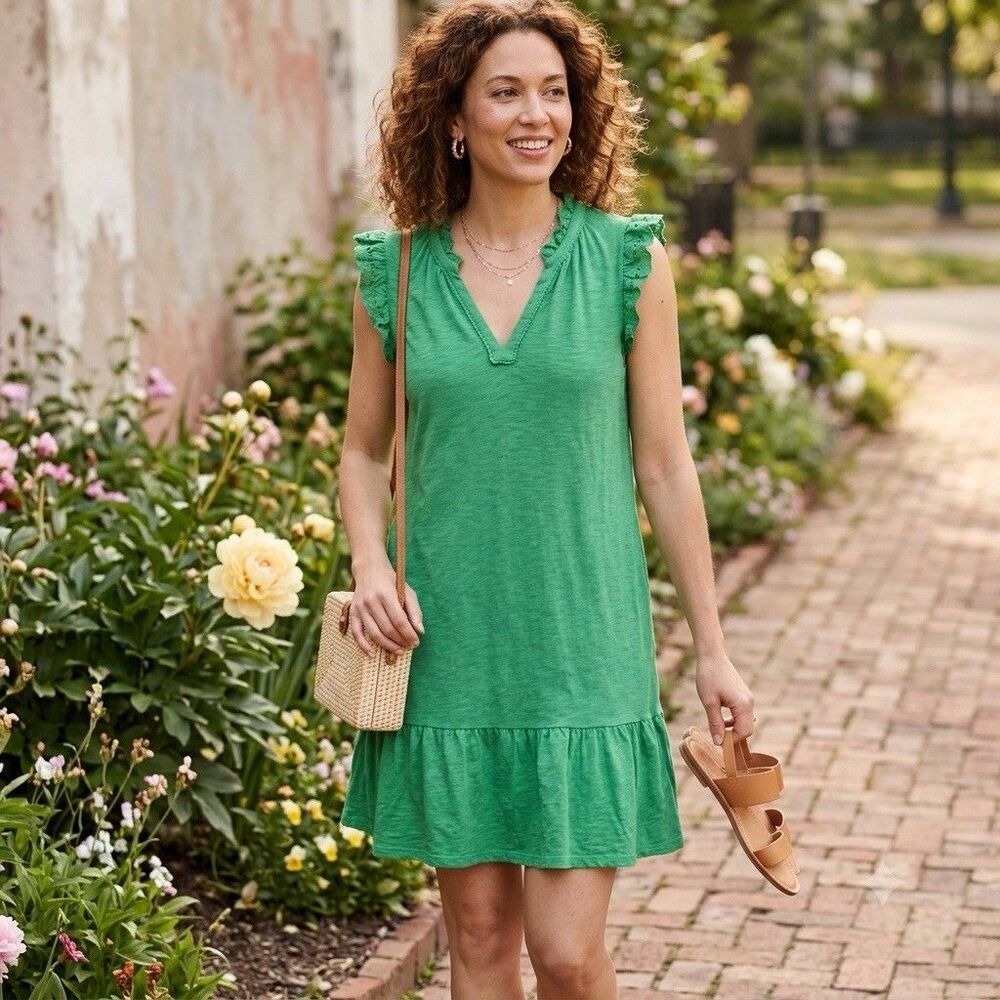 J.Crew Factory Knit Flutter Sleeve Eyelet Trim V-Neck Tiered Mini Dress Green M